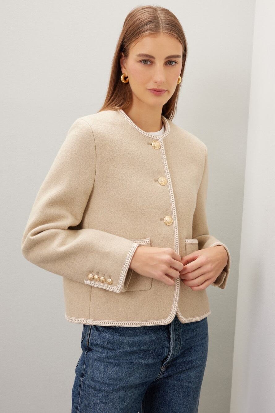 Dunst Beige Wool Tweed Boucle Gold Button Front Preppy Office Jacket Size Large